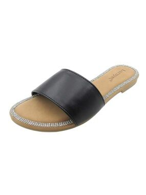 Black Slide Sandals with Rhinestone Trim